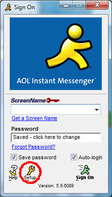 The AIM sign on screen with a red circle showing where to change settings, which is the yellow wrench setup icon