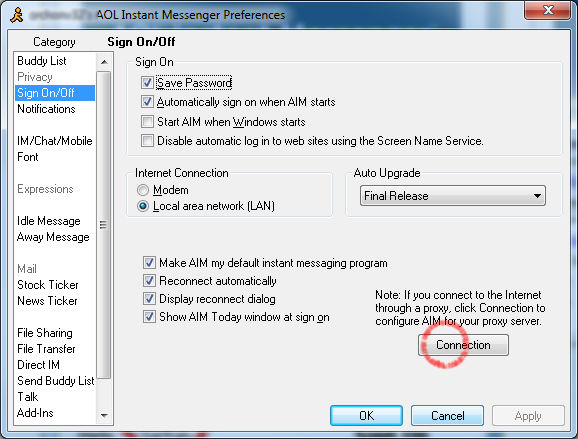 The settings screen to configure AIM with a circle around the Connections button to configure host server